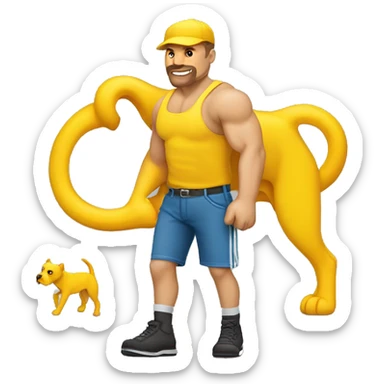 un hombre musculoso de piernas flacas , parado agarrando la correa de su perro pitbull amarillo  sticker