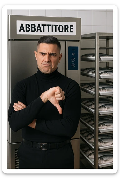 a man stands in front of a commercial fish blast freezer (abbattitore), arms crossed and a displeased, skeptical expression on his face. He shakes his head or gives a thumbs down, clearly rejecting the use of the freezer. The background shows a professional kitchen or fish processing area, with trays of fish ready for freezing. in italiano sticker