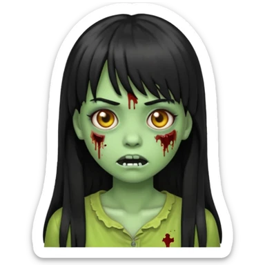 Zombie emoji girl, light green skin, black long hair with bangs sticker
