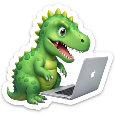 tired dinosaur with angry face working on laptop  sticker