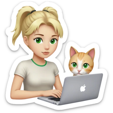 Blonde girl ponytail green eyes with apple MacBook and a cat sticker