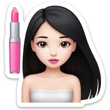 beautiful girl with long black straight hair to her waist, pink lipstick, soft glow, white tube top sticker