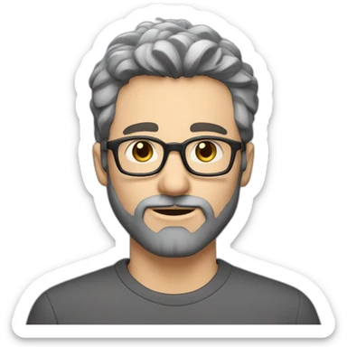 Caucasian man 40. brown eyes. short hair and short gray beard. disheveled without parting. black glasses sticker
