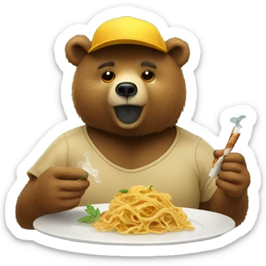 Bear eating pasta smoking weed wearing baseball cap sticker