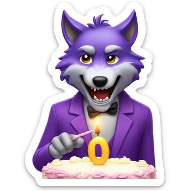 Purple, anthropomorphic wolf blowing out birthday candles sticker
