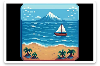 A sea in blue pastel colors, pixel art style, add a boat sticker