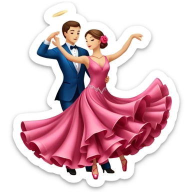 humanless Icon for Ballroom Dancing: a pair of ballroom dance shoes, a rose, a dance floor, a flowing, voluminous ballroom dress in motion, and a shining spotlight. The icon should represent the elegance and atmosphere of ballroom dancing, focusing on the attire and setting. Transparent background. sticker