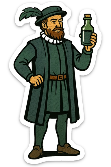the full body of A male doctor from tudor england with his herbal medicine bottle sticker