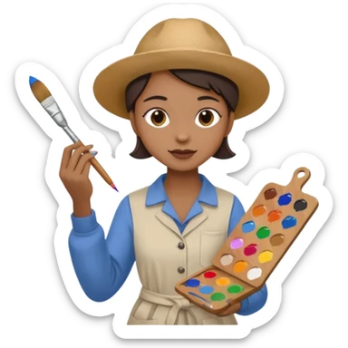 artist painting at a canvas, holding a paintbrush and palette sticker