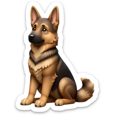 cinematic-[german shepherd]-realistic-full-body-sitting-emoji,-tail-resting-loosely-beside-its-paws,-head-tilted-dramatically,-sleek-[brown and black]-fur,-simplified-yet-realistic-focused-features,-highly-detailed,-glowing-with-an-almost-sarcastic-glow sticker