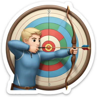 An archer drawing a bow and aiming an arrow at a target, with perfect focus and precision. The target is visible in the background, featuring concentric rings. The scene captures the concentration and skill involved in archery, emphasizing the elegance and accuracy of the sport. sticker
