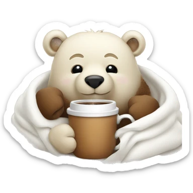 Bear cuddled in a white blanket holding steaming coffee in a mug sticker