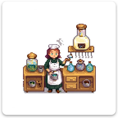Ein magischer Bäcker mit gläsernen Kolben, dampfenden Mischungen und einem Ofen mit Messingverzierungen. Die UI hat Texturen wie altes Pergament, Rauchschwaden als Hover-Effekt, und Buttons wie Kristallknöpfe.
 sticker