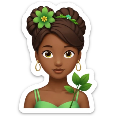 tạo cho tôi emoji tạo hình của công chúa da đen tóc nâu búi tóc 1 bên trên đỉnh đầu, cô ý cài hoa màu xanh lá cây. không đeo khuyên tai sticker