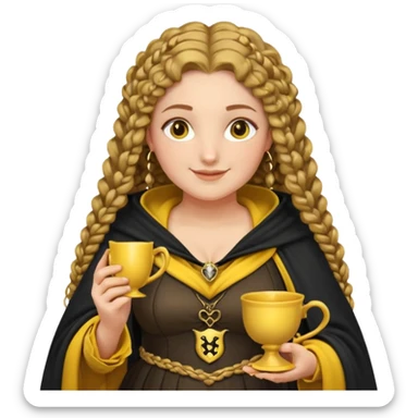 Helga Hufflepuff, 2 curly thick brown braids, yellow-black medieval dress, black cloak decorated with gold braiding, tiny two-handled shiny yellow-gold cup, very kind smile, curvy busty sweet woman, thick rosy cheeks sticker
