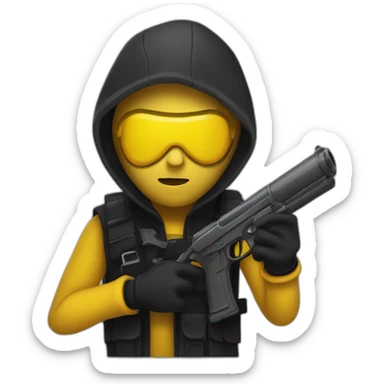 person that looks like a robber with a black watergun with yellow skin sticker