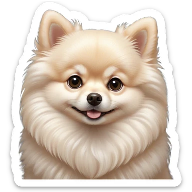 Cinematic Cute Cream Pomeranian Portrait Emoji, Head tilted playfully and inquisitively, featuring a luxurious, fluffy cream Fur with a natural sheen, round, sparkling dark eyes filled with curiosity, Simplified yet irresistibly adorable features, highly detailed, glowing with a warm, friendly glow, high shine, affectionate and lively, stylized with a touch of whimsy, bright and endearing, soft glowing outline, capturing the essence of a mischievous yet loving pup, so playful it feels like it could scamper out of the screen and into your arms! sticker