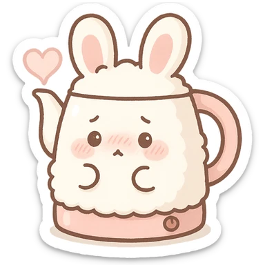 kawaii electric kettle shaped like a shy soft fluffy bunny, with steam heart, pastel white and pink, full-body sticker