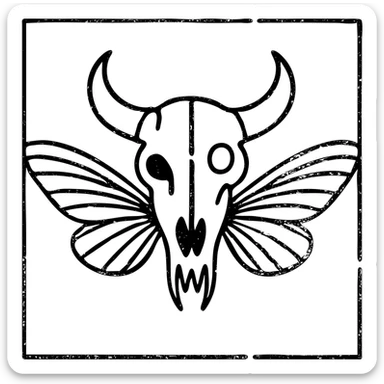 minimal red horror line art of minotaur-stoat hybrid skull with broken horn and eye, with moth wings, mostly empty middle with simple thin outline frame around the entire design, frame intentionally weathered and incomplete in spots, sparse horrific details, 100% red sticker