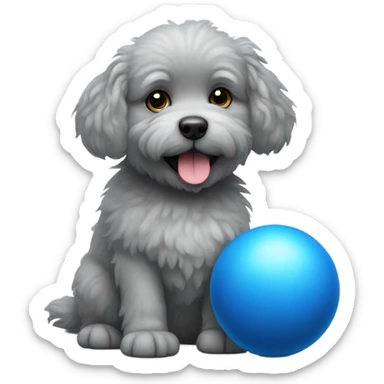 Realistic grey fluffy dog with blue ball sticker