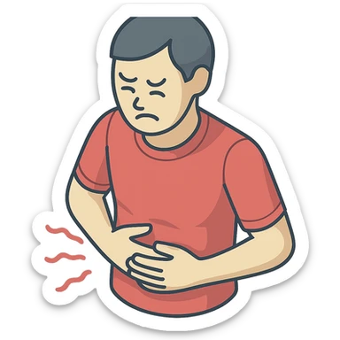 torso of a little person holding stomach, grimacing in pain, pain waves around, 2d isometric style, shadows and highlights, only torso, stomach, and arms, transparent background sticker
