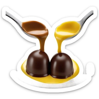 1 Chocolate quenelle and 1 vanilla quenelle on a fine dining glass plate with 3 small drops of yellow sauce as decoration sticker