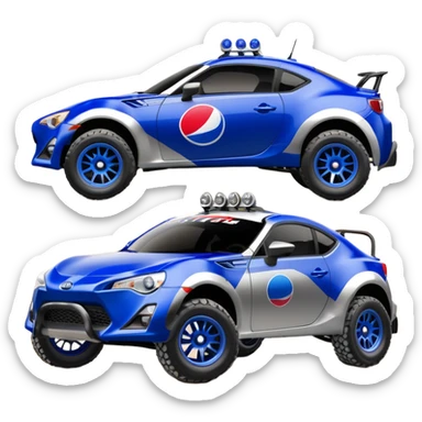 Dirty raced jacked 2013 scion fr-s ultramarine off road 4wd monster Baja dessert stadium racer number 86 with long travel suspension, shiny silver wheels, exaggerated black fender flares sponsored by Pepsi and NASA  sticker