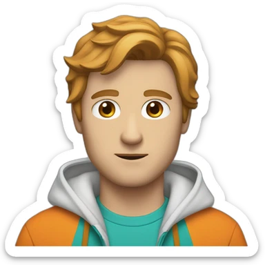 white man with brown hair, wearing an orange t-shirt and a teal hoodie zipped half way sticker