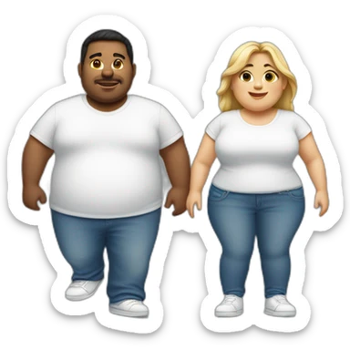 Couple fat boy and thin girl both wearing white tshirt blue jeans and white shoes sticker