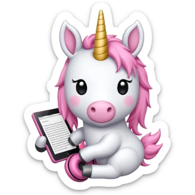 Unicorno peluche bianco con corno rosa brillantato con sulla testa un paio di cuffie e un Amazon Kindle in mano sticker