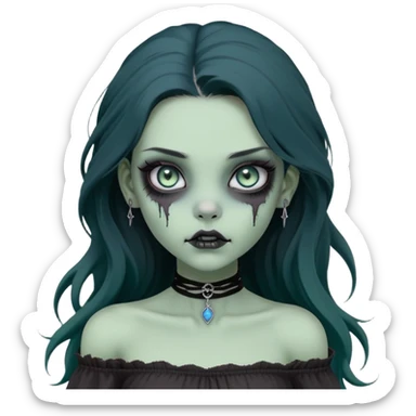 a soft, doll-like zombie girl with light sage green skin and big blue-green eyes, long black hair that swoops gently at the ends, a tiny silver nose stud and a delicate eyebrow piercing on the left side. she’s wearing an off-the-shoulder black top that shows her collarbones, sticker