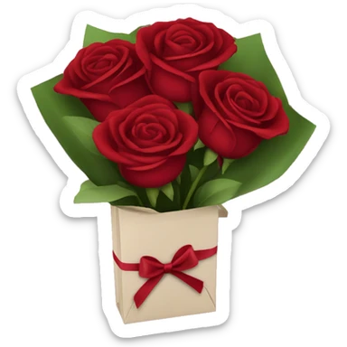 Bouquet of red roses in a burgundy package sticker