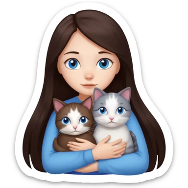 a girl with long dark 
brown hair, with blue eyes, hugs 3 different natural coloured cats sticker