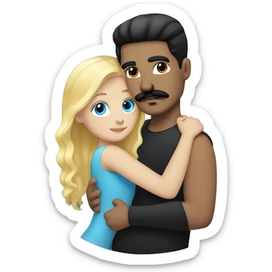 blonde blue eyed girl, hugging a man with black hair and black mustache sticker