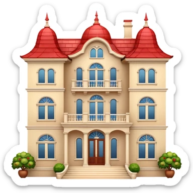 Apple-style 3D emoji of a large traditional mansion, with multiple windows, a big entrance door, red tiled roof, cream-colored walls, decorative balcony details, cartoonish but elegant design, no background. sticker