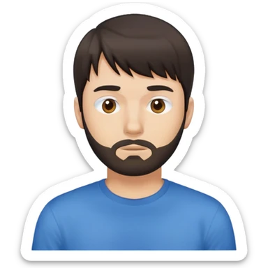 Man with dark brown straight hair and bangs, short beard covering whole face, neutral expression, basic blue t-shirt sticker