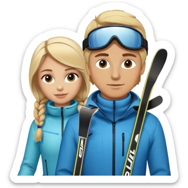 Blonde hair female and light brown hair male on skiis sticker