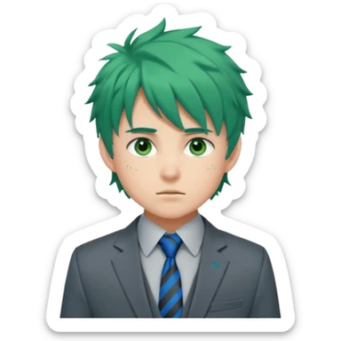 deku : boy anmie green hair green eyes in a ua gray jacket and blue tie suit with frenkles messy hair and black on the bangs sticker
