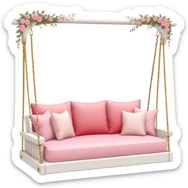 Romantic white wooden pastel-red-pink cushions couch-swing with tiny gold flowers around sticker