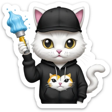cat wearing a black snapback cap and black hoodie doing graffiti art with spray paint, street art style sticker