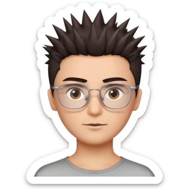 personagem com corte de cabelo espetadinho curto indo até o pescoço, cabelo castanho escuro, olho castanho escuro, sombrancelha castanho escuro, óculos sem aro prata quadrado. rosto fino sticker