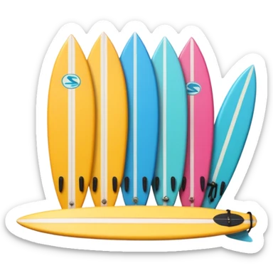 3D emoji style icon of a surf shop with surfboards, fins, and accessories on display sticker