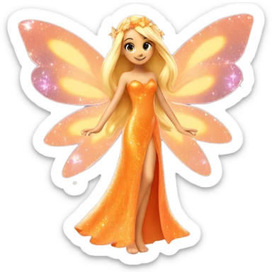 Stella adult latina fairy of nature in her enchantix fairy orange clothing and fairy enchantix wings and long blonde hair from winx club. Small eyes, Lots of sparkles and fairydust. Full body and full fairy bliss sticker