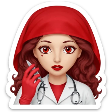Lilith scalpel in hand, evil surgeon sexy surgeon clothes.  She has red eyes. She has dark brown long curly hair. Wears sexy doctor outfit with red gloves. Covers mouth neck and nose with red burka to hide her identity sticker