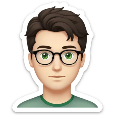 young man with pale skin, larger face, dark tall voluminous slightly wavy hair styled up high on head but not curly, wearing glasses with green eyes and very light stubble, with a slight smile sticker