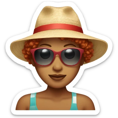 Woman with red hair, sunglasses, and a beach hat sticker