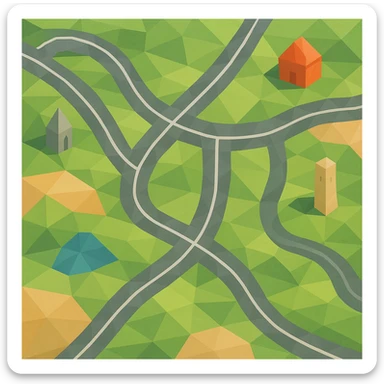simple road map illustration, top-down view, with winding roads, intersections, and a few landmarks, low-poly polygonal illustration style sticker