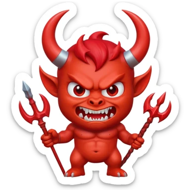 cute 3D red devil emoji, muscular cartoon devil, glossy skin, big curved horns, angry cute face, sharp teeth, holding trident, emoji style, soft lighting, smooth texture, clean background, high quality, digital art sticker