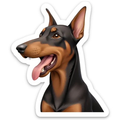 cinematic-cute-yawning-doberman-portrait-emoji,-head-tilted-slightly-with-a-dramatic,-wide-open-yawn,-revealing-a-sleek black and brown fur-with-a-subtle-shimmer,-floppy-ears-slightly-drooping,-round-brown-eyes-barely-open-in-drowsy sticker