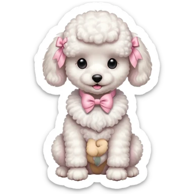 white poodle puppy full body sitting with pastel pink bow collar  sticker